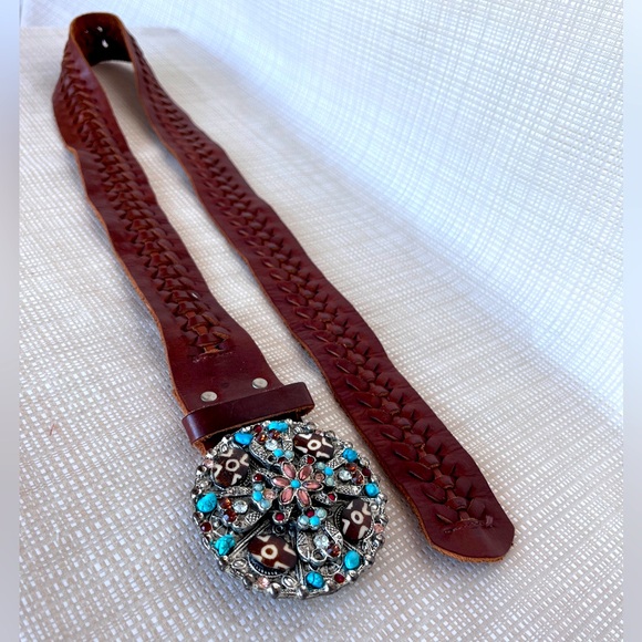 Vintage 80s 90s Leather Statement Belt Silver Rhinestone Boho Western Buckle - Picture 6 of 15